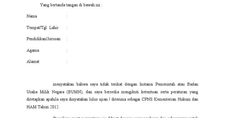 Contoh Surat Pernyataan Tidak Terikat Instansi Lain