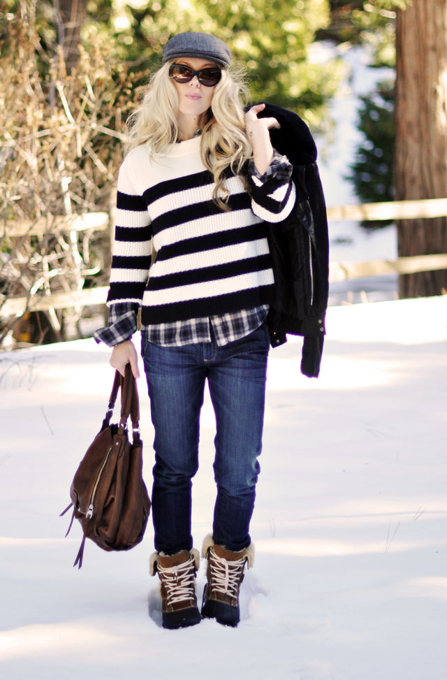 Winter style, stripes and plaid, newsboy cap, black and brown