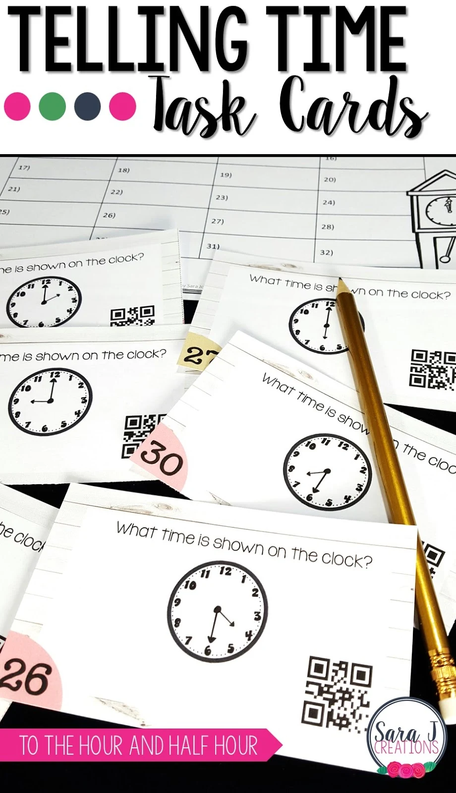 Telling time activities for first and second grade. Use these Task Cards to practice time to the hour and half hour and the nearest 5 minutes. QR Codes included!