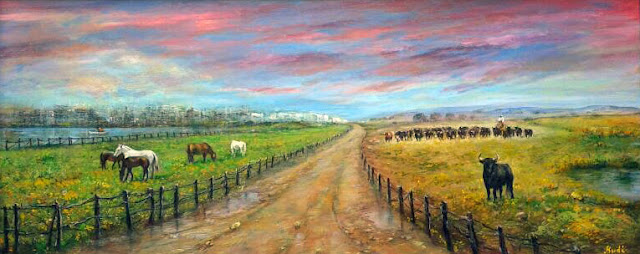 Cuadro al óleo, paisaje con toros y caballos, camino y lago, realizado por Rudi.