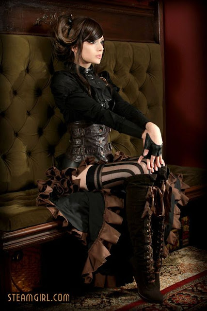 Steampuk burlesque dancer fashion. women's steampunk clothing including skirt, blouse, bra, cravat, corset, gloves, stockings and boots.