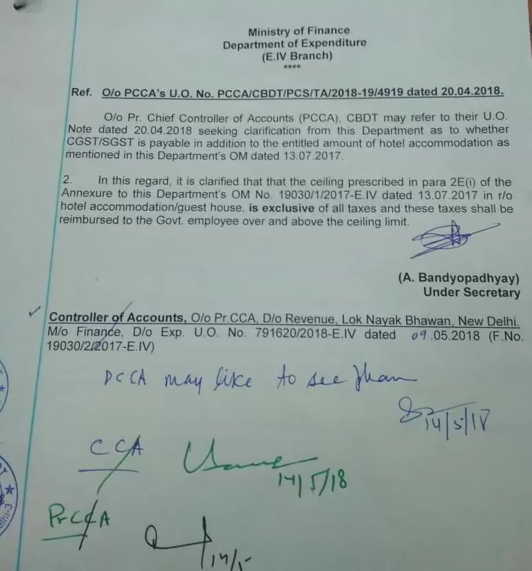 Clarification on TA Rules : CGST/SGST on Hotel accommodation/Guest houses is reimbursable to the Govt. employees over and above the prescribed limit – DoE Clarification on TA Rules : CGST/SGST on Hotel accommodation/Guest houses is reimbursable to the Govt. employees over and above the prescribed limit – DoE