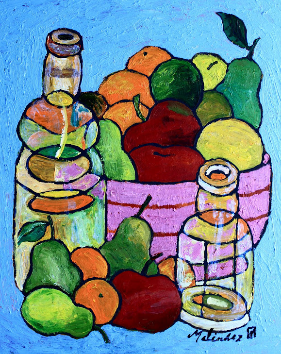 "Frutas y botellas"