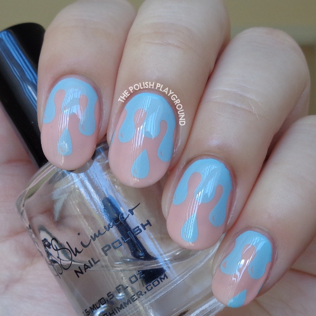 Pink with Blue Polish Drips Stamping Nail Art
