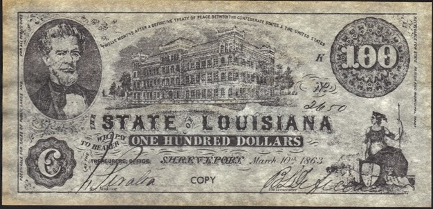 100 конфедеративных долларов, 1863 год, штат Луизиана