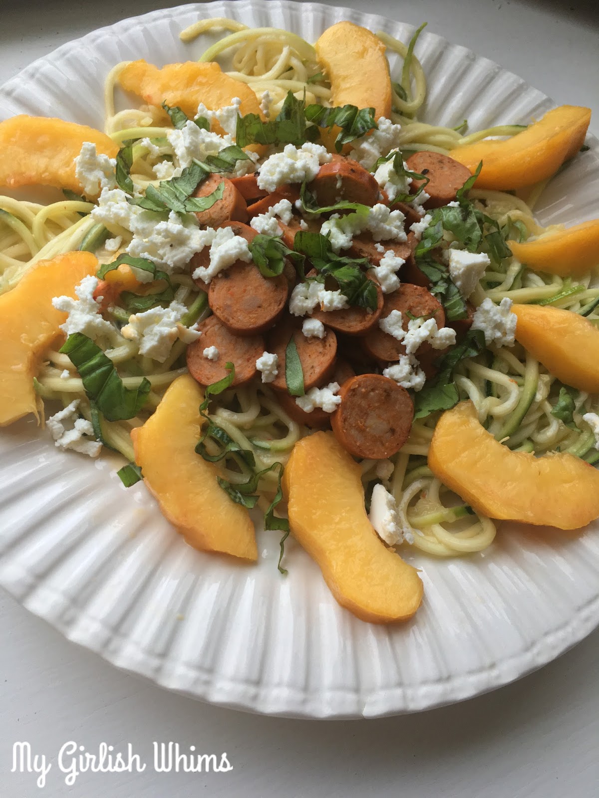 Chipotle Peach Zoodles with Chicken Sausage and Goat Cheese My
