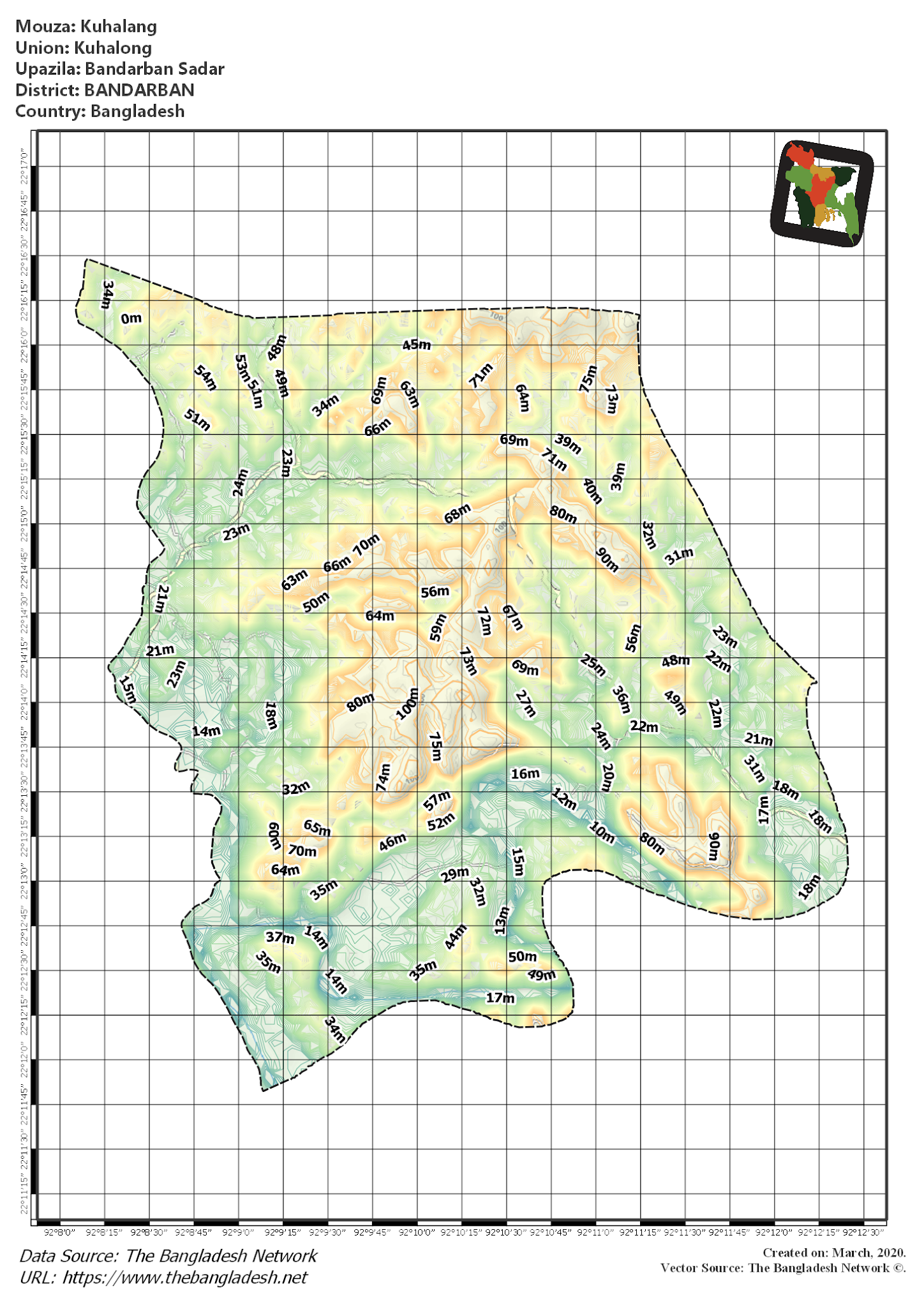 Map of Kuhalang Mouza of Bandarban Sadar Upazila, BANDARBAN, Bangladesh.