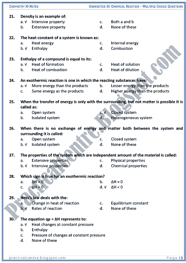 Energetics Of Chemical Reaction - MCQs - Chemistry XI