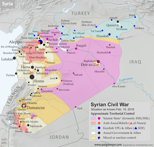 Map of fighting and territorial control in Syria's Civil War (Free Syrian Army rebels, Kurdish YPG, Syrian Democratic Forces (SDF), Al-Nusra Front, Islamic State (ISIS/ISIL), and others), updated for February 2016. Now includes terrain and major roads (highways). Highlights recent locations of conflict and territorial control changes, such as Menagh airbase, northern Aleppo, Salma, Rabia, Nubl, Baghaliya, Tishrin Dam, and more.