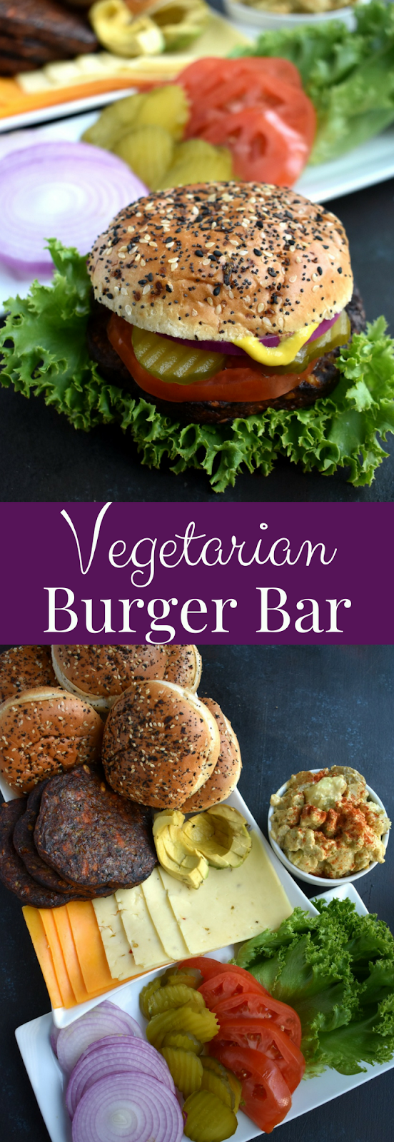 Vegetarian Burger Bar has all your favorite burger toppings including tomato, lettuce, onion, pickles, cheese, avocado, veggie burgers and more for easy entertaining that everyone will love! www.nutritionistreviews.com