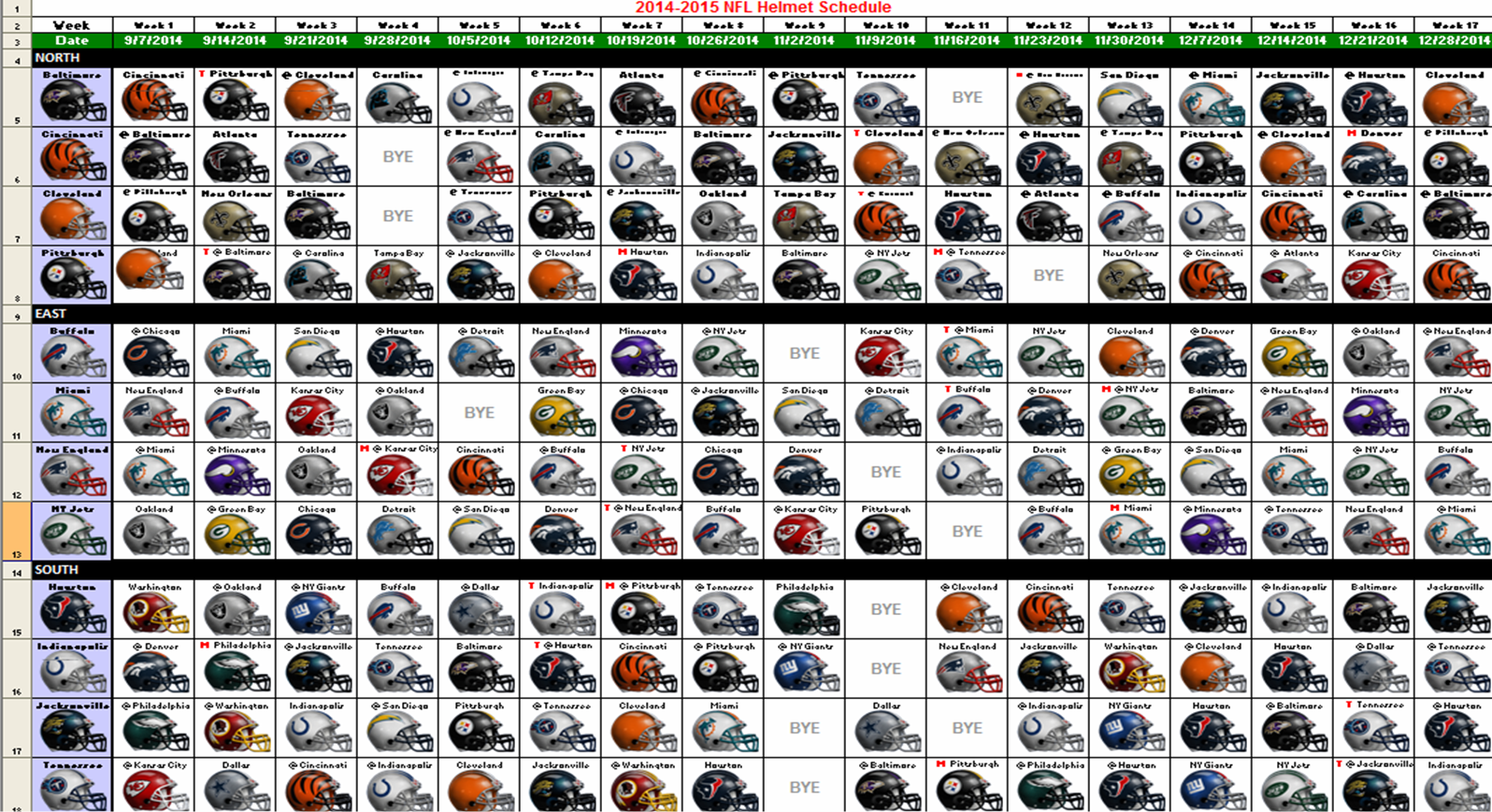 Excel Spreadsheets Help: 2014 NFL Helmet Schedule