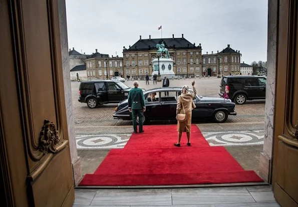 Queen Mathilde have completed their state visit to Denmark and before they departed from Amalienborg. Queen wore Natan coat