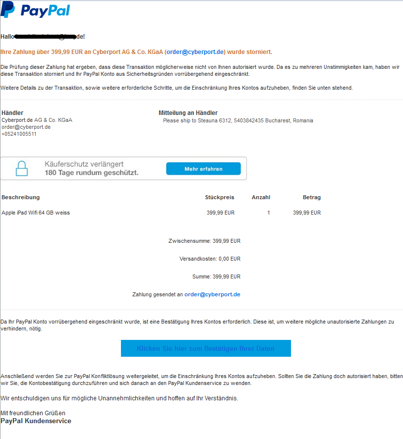 Phishing Mail Alerts Ihr Paypal Com Account Wird Temporar Limitiert Ihre Mitarbeit Ist Gefragt