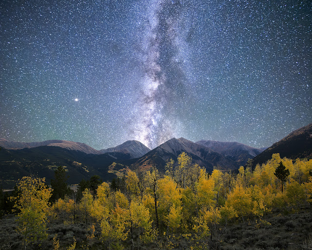 Rocky Mountain Sawatch Range with stars and milky way in fall colors