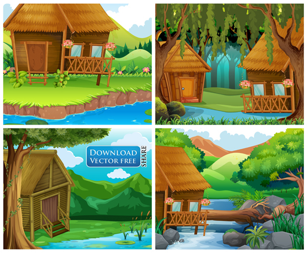4 nền đồ họa nhà gỗ - nhà sàn trong rừng wooden houses vector 7496 ...