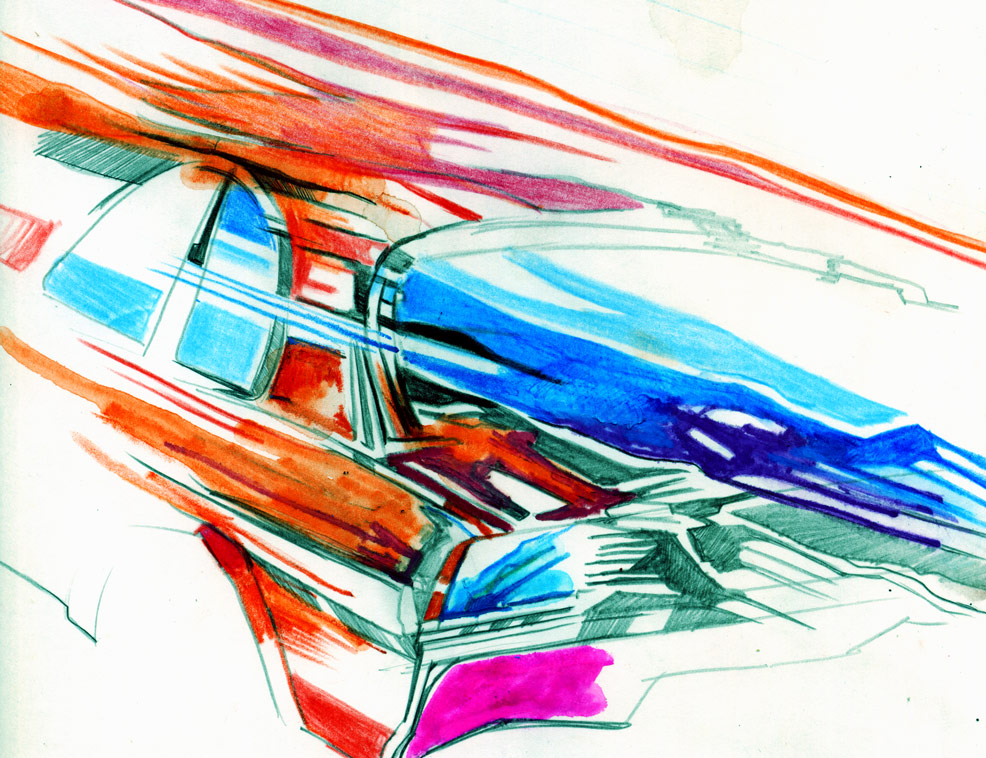 MC drawn Car abstract — sketch watercolour crayon, pencil, greylead
