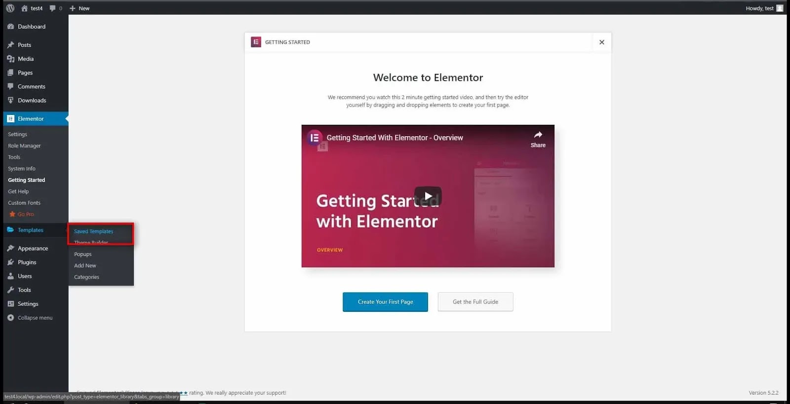Welcome to Elementor page. Save Template option.