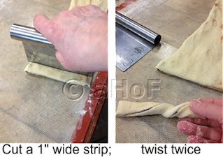 making cinnamon twists, cutting stripe, twisting dough