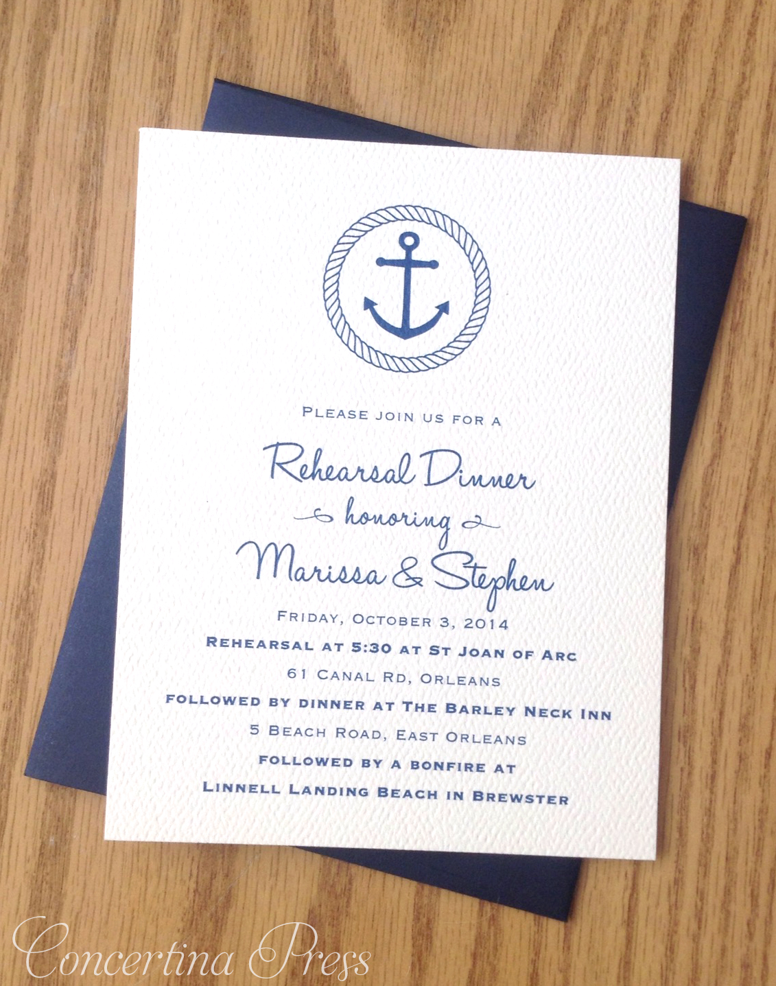 Cape Cod wedding blog photo from Concertina Press - Stationery and Invitations about Classic Anchor Rehearsal Dinner Invitations