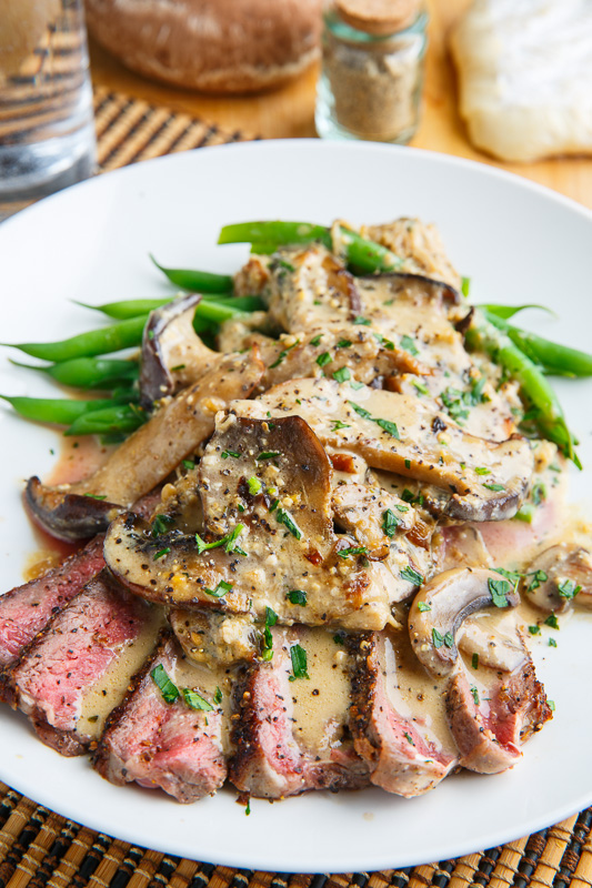 Mushroom and Peppercorn Crusted Steak in a Creamy Brie Mushroom Sauce