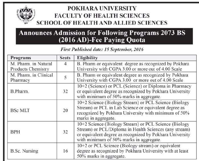 Admission Open !!! Paying Seats (BPH 32 Seats) Faculty of Health Science, Pokhara University