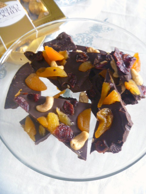 French Chocolate Bark:  Dried apricots, cranberries, and dried cranberries top a mixture of dark and semi-sweet chocolate.  Deep and rich with sweet, tart, and crunchy bites!  WOW! - Slice of Southern