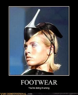 catwalk model with high-heeled shoe as hat fashion funny fail