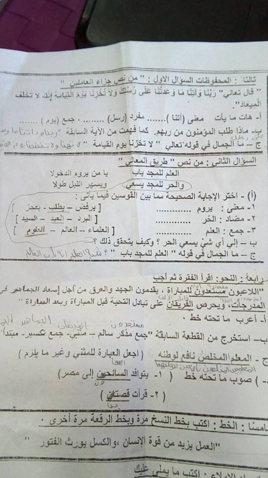 امتحانات اللغة العربية للصف الخامس الابتدائى نصف العام 2017 - محافظات مصر  15873302_1605112076170858_272233954082928815_n