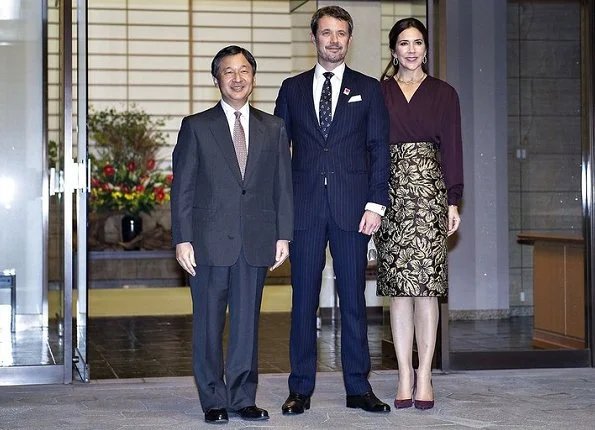 Crown Princess Mary wore Prada Metallic floral jacquard skirt. Crown Princess Masako and Prince Naruhito