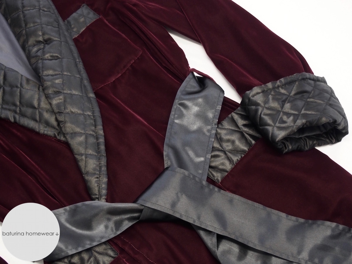 Long Red Velvet Men's Dressing Gown with Quilted Silk Shawl Collar