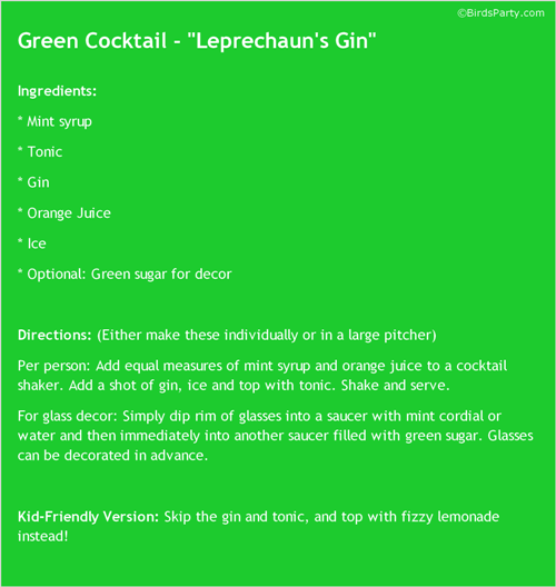 St Patrick's Day | GREEN Party Food & Cocktail Recipes - BirdsParty.com