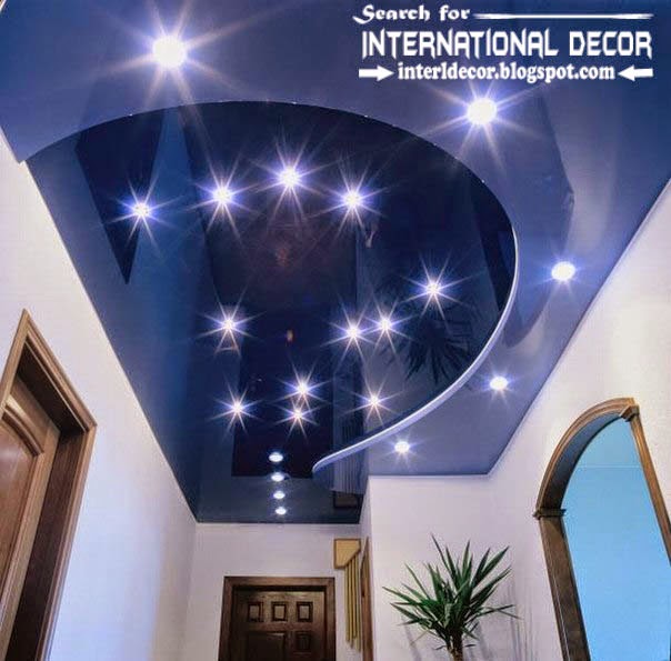 stretch ceilings in the interior of modern apartment, blue stretch ceiling with lighting ideas