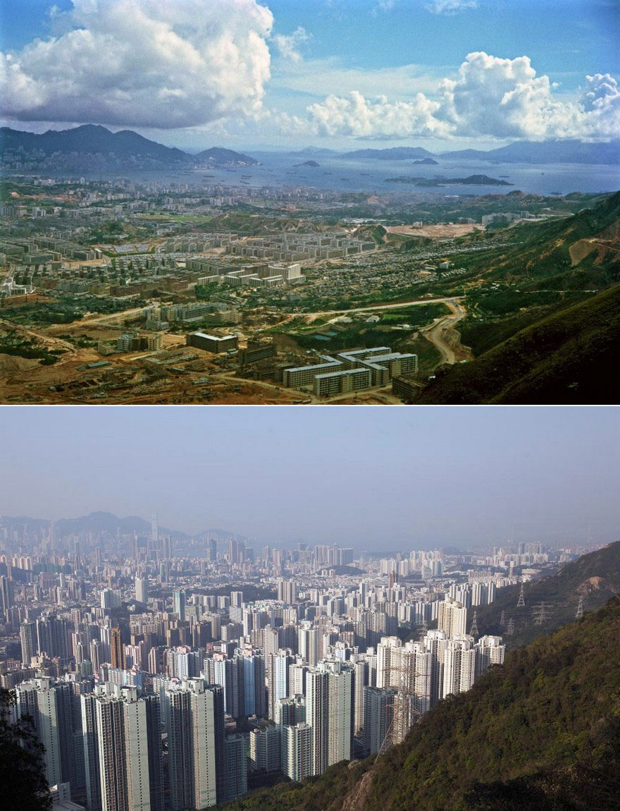 Hong Kong’s Kowloon peninsula, as seen from the peak of Fei Ngo Shan in 1964, and 2016.