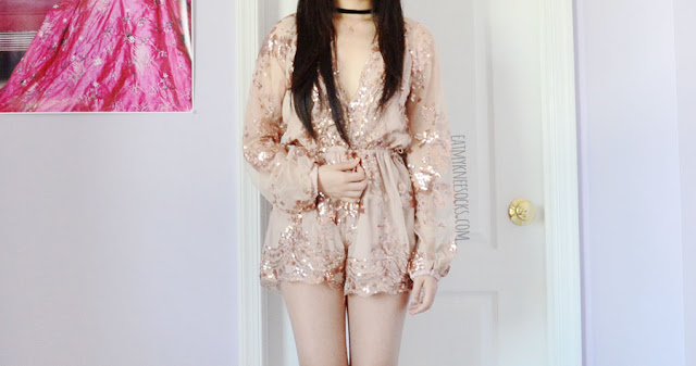 SheIn Fashion Review: Sequined Romper, Lace Crop Top + Silky Slip Dress Detailed on the sequined plunging deep v-neckline scalloped sparkling long sleeve champagne beige nude romper from SheIn, the perfect party look.
