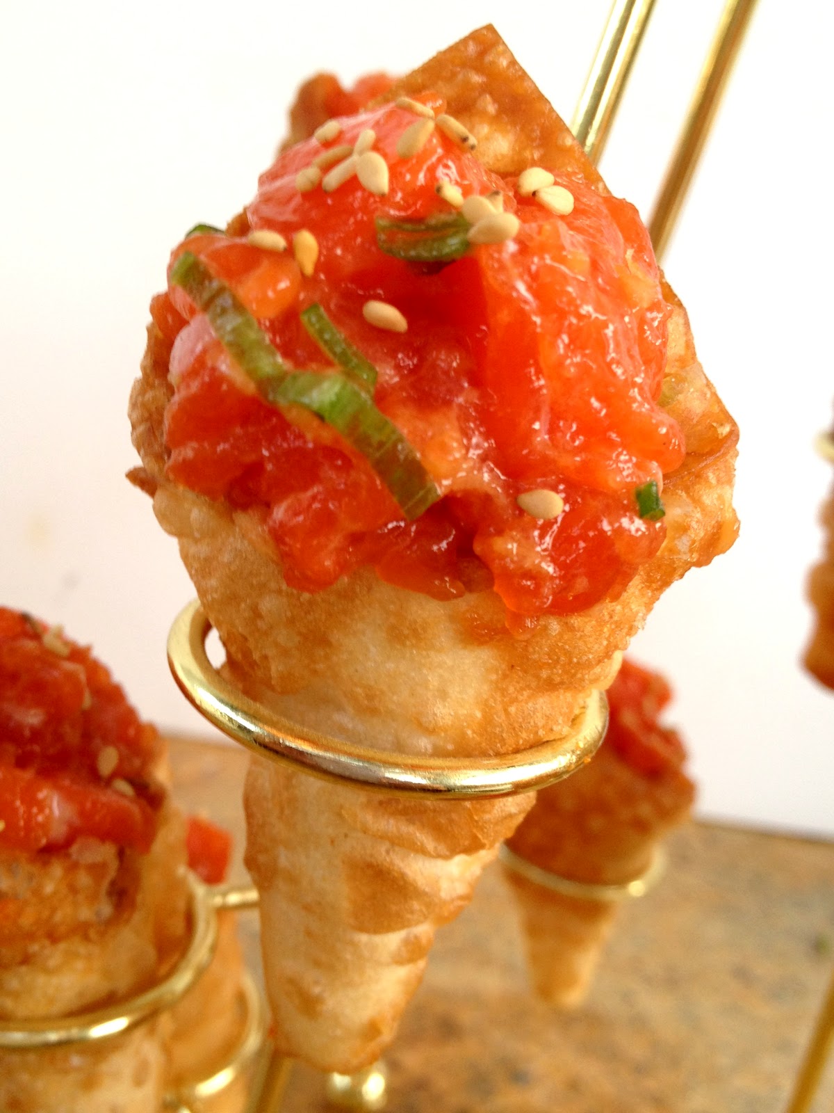 Olympic Torch Appetizer V1 Salmon Tartare in a Wonton Cone DIY
