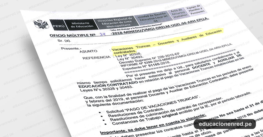 OFICIO MÚLTIPLE N° 34-2018-MINEDU/VMGI-DRELM-UGEL.04-ARH-EPLLA - Vacaciones Truncas - Docentes y Auxiliares de Educación contratados (.PDF) OFICIO MÚLTIPLE N° 34-2018-MINEDU/VMGI-DRELM-UGEL.04-ARH-EPLLA - Vacaciones Truncas - Docentes y Auxiliares de Educación contratados (.PDF)