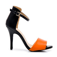 Sandale elegante, cu toc inalt, bicolore, negru cu portocaliu. ( )