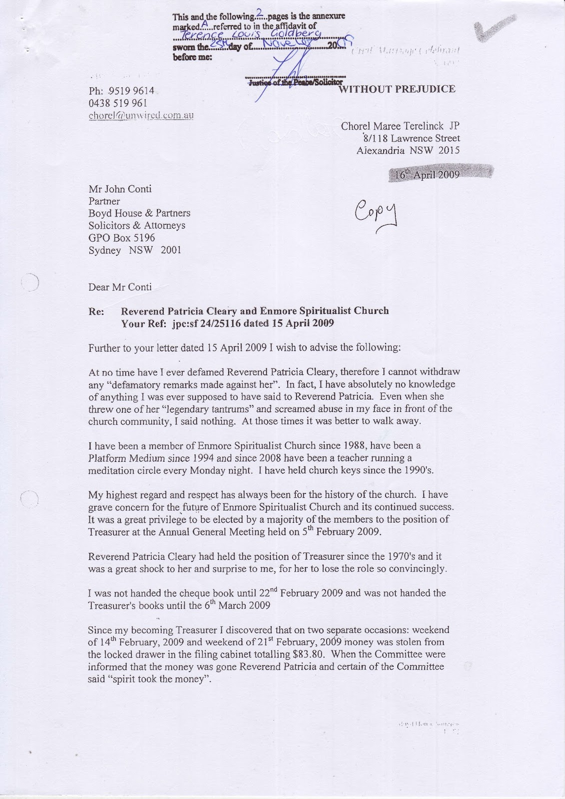 Terence Goldberg’s sworn affidavit of 25 November 2009