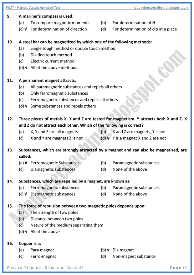 Adamjee Coaching MCAT Physics Effects of Current] Mcqs for