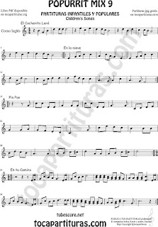  Mix 9 Partitura de Corno Inglés El Cocherito Leré Infantil, En la Nieve, Pin Pon, En tu camino Popurrí Mix 9 Sheet Music for English Horn Music Scores 