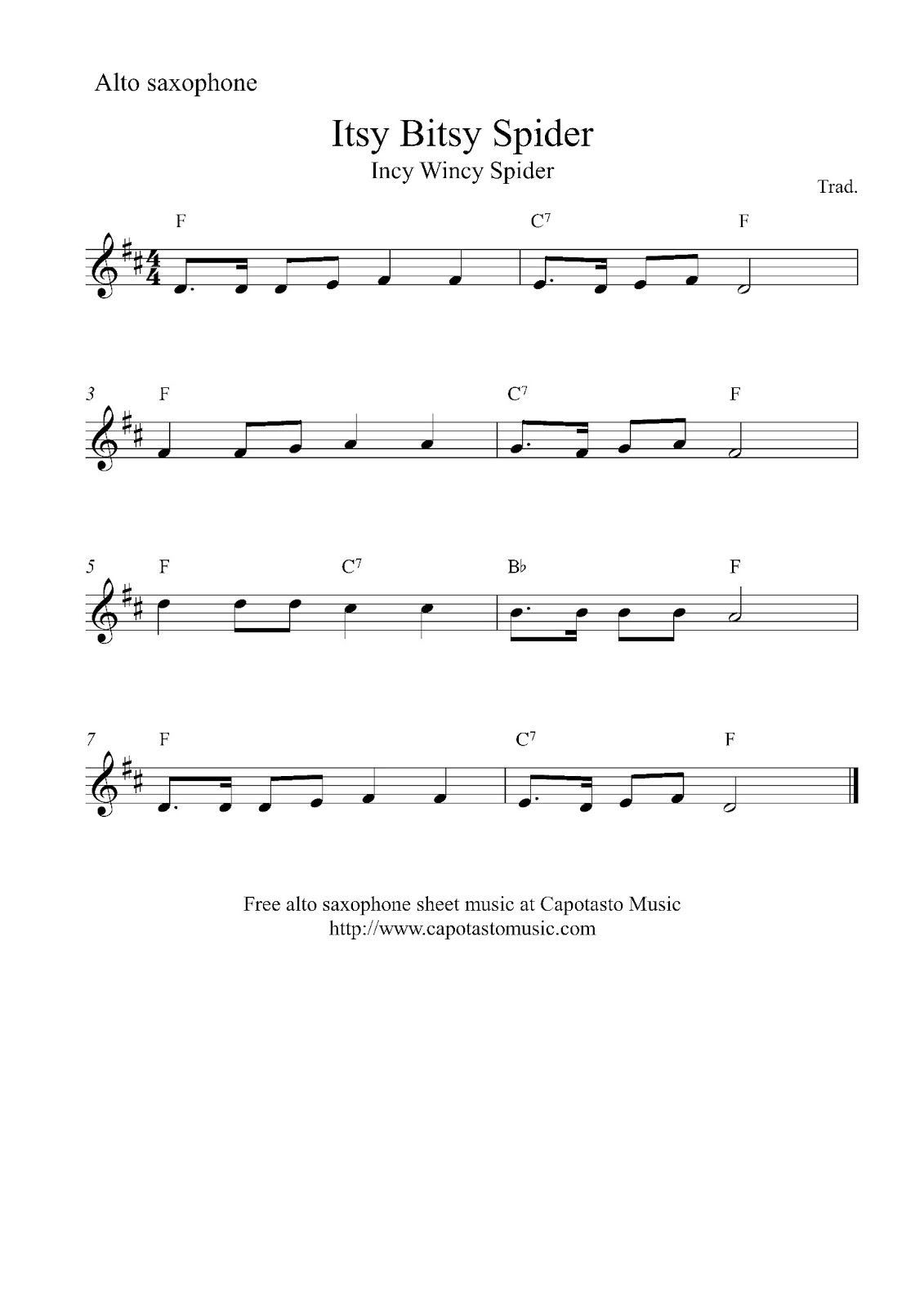 Free Easy Alto Saxophone Sheet Music Itsy Bitsy Spider Incy Wincy Spider 