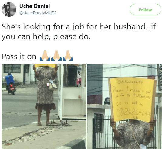 Image result for woman carries placard for husband job