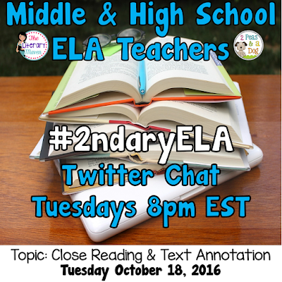 Join secondary English Language Arts teachers Tuesday evenings at 8 pm EST on Twitter. This week's chat will be about close reading & text annotation.