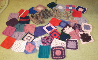 crocheted squares, knitted slippers