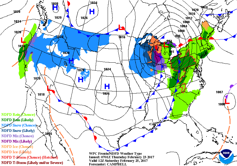 National Surface Map for Saturday Feb 25th at 7 am