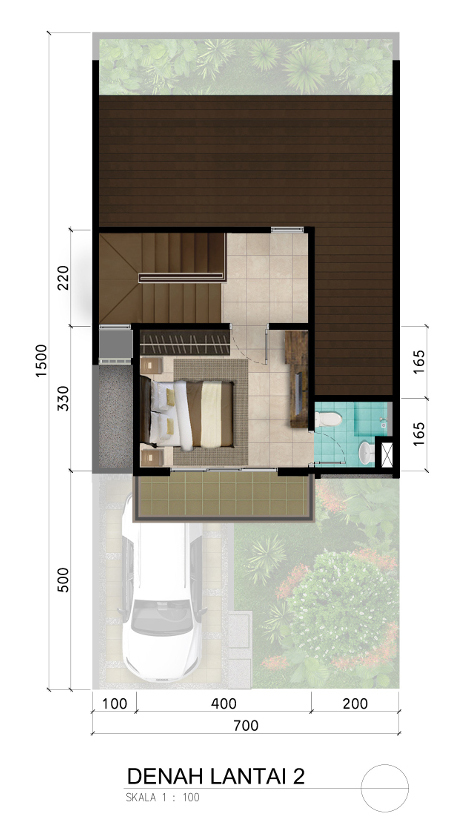 Denah rumah minimalis ukuran 7x15 meter 2 kamar tidur 2 lantai