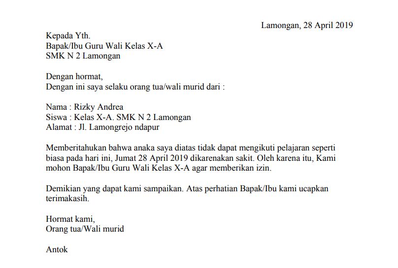 Contoh Membuat Surat Sakit Ke Sekolah