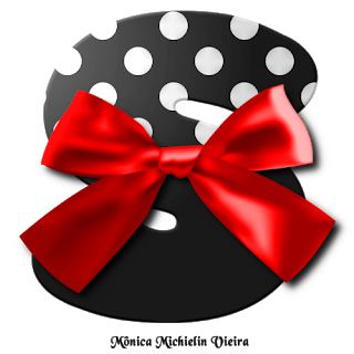 Abecedario Negro con Puntos Blancos y Moño Rojo. Black Alphabet with Polka Dots and Red Lace.