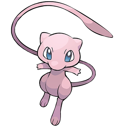 Imagen de Mew, Pokemon rosa de larga cola, ojos azules, cabeza más grande que tronco y manos pequeñas.