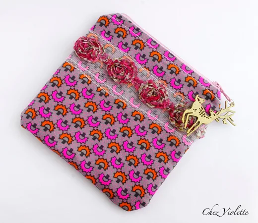Geometric zipper pouch : neon geometric pattern + rose lace